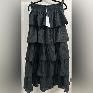 Hill House Noemie tiered black embroidered cotton eyelet maxi skirt